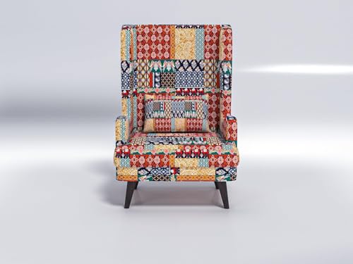 Image of Custom Decor Wooden Wing Chair Without Ottoman Stool | Wingback for Living Room | One Seater Sofa | High Density Foam | Accent Chair for Seating and Home Decor Furniture | (Marwadi, Without Ottoman)