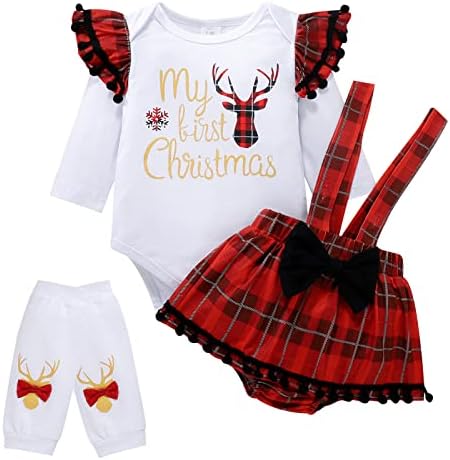 AMAWMW My First Christmas Baby Girl Outfit Newborn 1st Christmas Clothes Xmas Reindeer Romper Buffalo Plaid Suspender Skirt Leg Warmers 4Pcs (White, 0-3 Months)