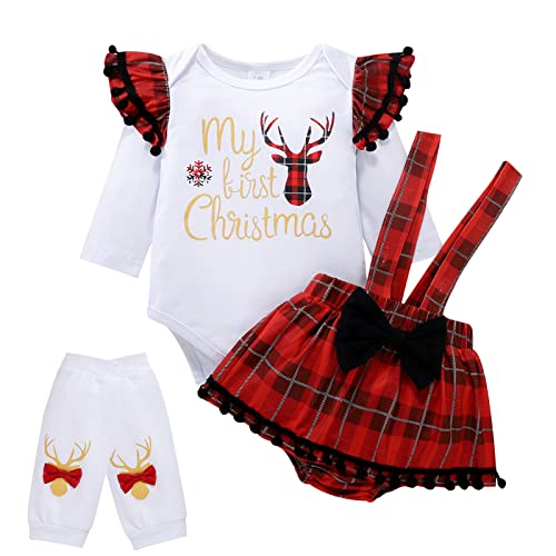 Image of My First Christmas Baby Girl Outfit Newborn 1st Christmas Clothes Xmas Reindeer Romper Buffalo Plaid Suspender Skirt 4Pcs