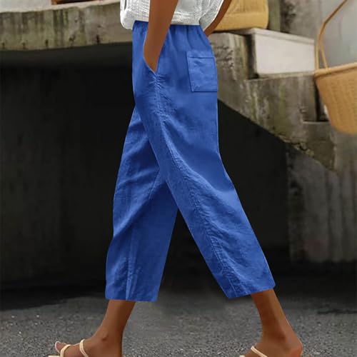 2025 Womens Capri Lace Linen Pants, Casual Summer Drawstring Elastic High Waist Pant Straight Cropped Trouser2