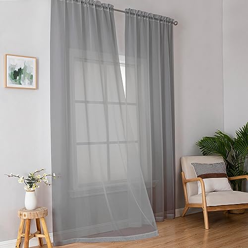 Image of Simplebrand Grey Sheer Curtains 96 Inches Long, Light Filtering Rod Pocket Solid Color Window Sheer Curtain Panels, Elegant Curtains & Drapes for Living Room, 2 Panels (Charcoal Grey, 42 inch W x 96 inch L)