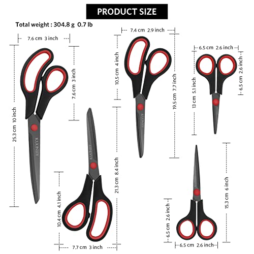 Image of KUONIIY Ciseaux,Lame Recouverte de Titane Ultra-tranchante, Manche Douce et Confortable, Ciseaux a Multi-usages, Lot de 5 Paires, Noir Rouge