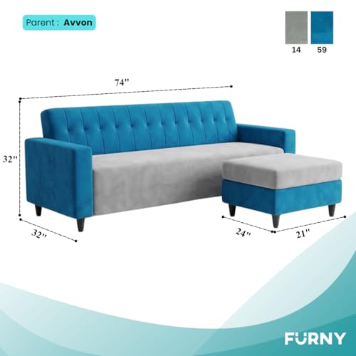 Image of FURNY Luxe 4 Seater L Shape Sofa Set with Movable Ottoman | Flexible Left or Right Layout | Plush Velvet Fabric (Aqua Blue-Light Grey) | Perfect for Living Room, Guest Room & Office