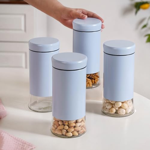 Image of Nestasia Metal Jacketed Glass Jars Set of 4 (1000 ml) | Airtight See - Through Glass Containers with Lids for Kitchen Storage - Ideal for Storing Snacks, Dry Fruits, Pickles or Pulses (Pastel Blue)