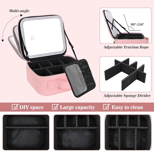 Makeup Case with LED Mirror,Makeup Organizer Bag Travel Makeup Case Large Makeup Bag With Rechargeable Mirror 3 Color Lights Detachable Mirror for Women Beauty Tools Accessories(Pink)3