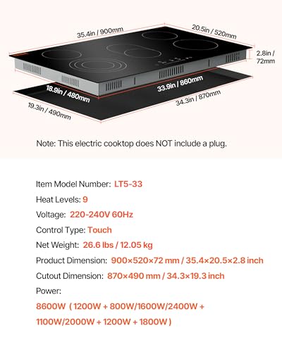 Image of VEVOR Electric Cooktop, 36 inch 5 Burners Built-in Electric Stove Top, 8600W Ceramic Top Radiant Cooktop with Glass Panel, Touch Control, Timer, Child Lock, 9 Heat Level, 220-240V, Hard Wire (No Plug)