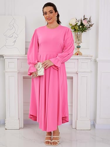 Image of Baczoe Plus Size Long Sleeve Church Dress for Curvy Women | Maxi Length, Elegant Formal Style, Flowy A-Line Shape, Two Side Pockets