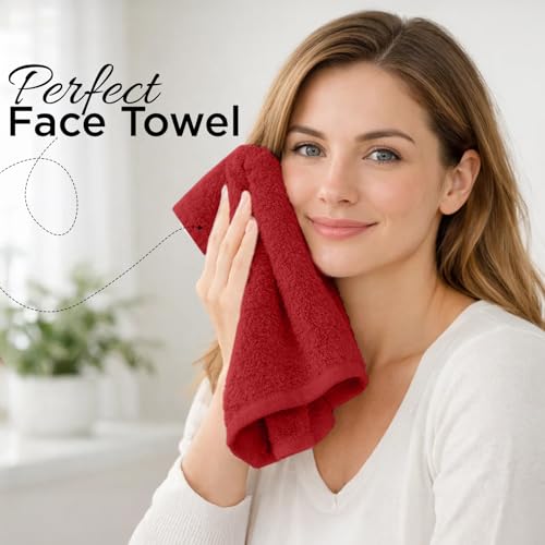 Image of DAN RIVER 12-Pack Premium 100% Cotton Red Face Towels for Bathroom - Reusable Face Wash Cloths for Showering 12x12 Inches - 550 GSM Super Soft & Absorbent Luxury WashCloths for Body, Spa & Gym