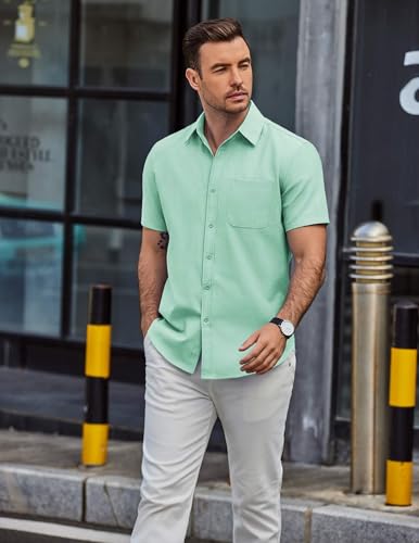 COOFANDY Mens Short Sleeve Dress Shirts Casual Untucked Shirt Summer Button Down Shirts Mint Green - Image 2