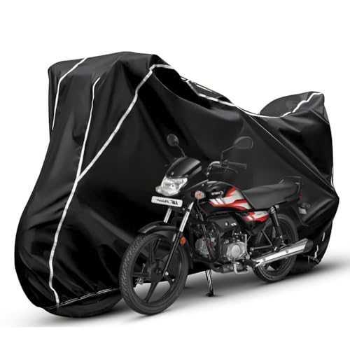 Image of Waterproof Bike Body Cover Compatible with Hero Hf Duluxe Dustproof Scratchproof - Motorcycle Cover for Two Wheeler, Outdoor Full Cover with UV, Duty, Rain Protection (Black & White)