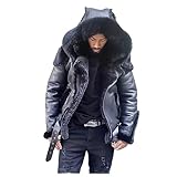 LGHLMCL Mens Fur Hoodie Sherpa Fleece Lined Leather Jacket Shearling Faux Fur Hooded Jacket Winter Warm Thick Motorcycle Coat