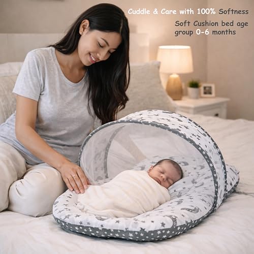 Image of Fareto Combo of Baby Bed with Net | Carry Bag | 4 Pcs Bedding Set (0-6 Months, Baby Size, Cotton) (Grey Moon)