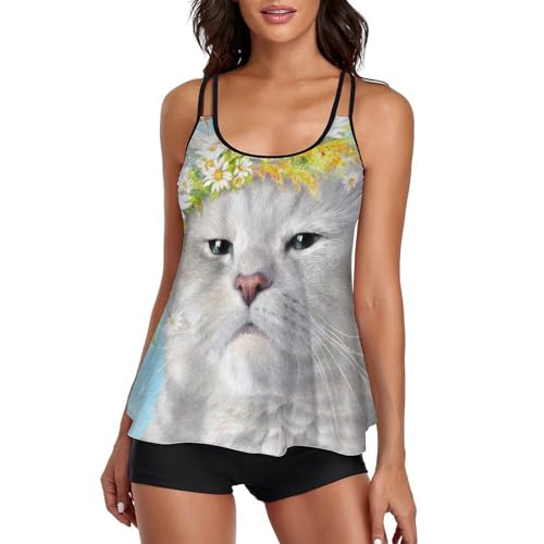 Robe de Plage Tankini Femme Imprimé Chat et Papillon Idéal pour les Vacances au Soleil