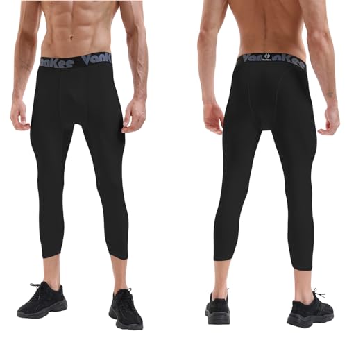 VanKee Men's Compression Trousers 3/4 Athletic Tight Leggings Running Quick Dry Bottoms Sports Base Layer Pants for Cycling Basketball Yoga Gym Black - Image 2