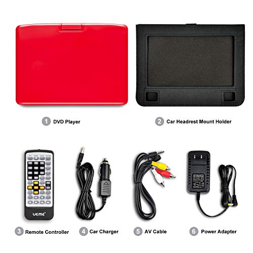 UEME Portable DVD Player with 9 inches Swivel Screen, Remote Control, Rechargeable Battery, AC Adapter Car Charger, Mobile DVD Player (Red) - Thumbnail 2