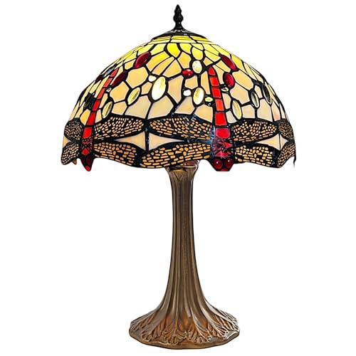 Loxton Lighting Tiffany Style Table Lamp, Dragonfly Design, 49 cm Height, Cream and Red Stained Glass Shade, Antique Base