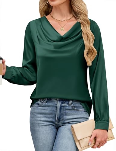 Blooming Jelly Womens Satin Blouse Cowl Neck Draped Silky Long Sleeve Dressy Tops Fall 2025 Trendy Fashion Elegant Work Business Casual Outfit (X-Large, Emerald Green)