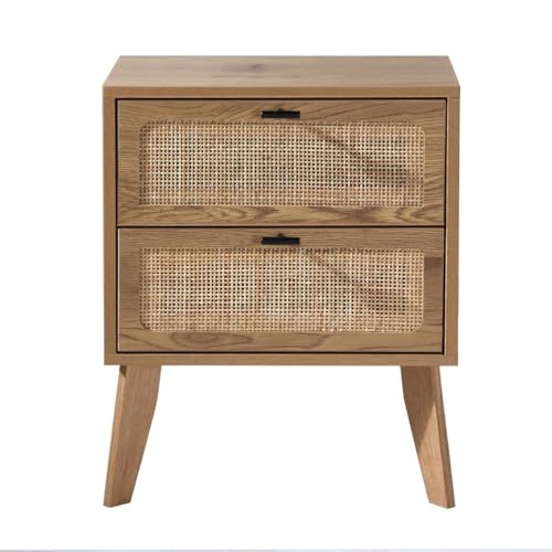 Calicosy - Table de Chevet 2 Tiroirs - Collection Alia - Décor Bois avec Façades en Rotin - Design Naturel - Chambre ou Salon - L 45 x P 29 x H 56 cm
