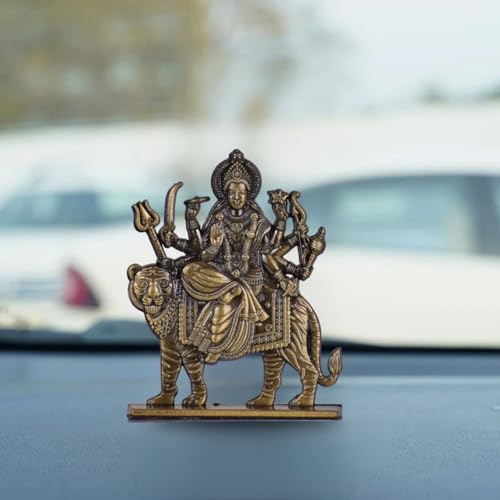 Image of BUC Sri Maa Durga, Ma Sheravali Idol for Car Dashboard - Brass Finish Divine Protection Murti for Car, Temple & Office (S944-BRS)