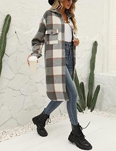 Seekme Women's Long Plaid Shirt Jacket Shacket Lapel Button Down Woolen Blend Casual Tartan Over Shirt Trench Coat (Dark Grey, X-Large) #TOP5
