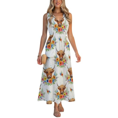 LGHKLVXPZE Summer Dresses Fashion Tank Dress for Women, Highland Cow Cute Colorful Flowers, Soft and Comfy, V Neck Sleeveless Flowy Long Dress for Multi Occasion Daily Wear