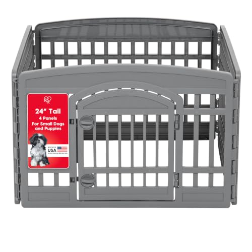 Image of IRIS USA 24 inch Dog Playpen 4-Panel Pet Exercise Pen with Door Gate 35 x 35 x 24 Puppy Play Pen Indoor Outdoor Plastic Foldable Portable Pet Fence for Small Medium Dogs Puppies Multiple Pets Gray