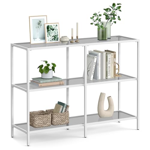 VASAGLE 39.4 Inch Console Table with 3 Shelves, Sofa Tables, Modern Entryway Table, Metal Frame, Tempered Glass Shelf, Entryway Living Room Bedroom, Classic Black and Transparent ULGT027B01