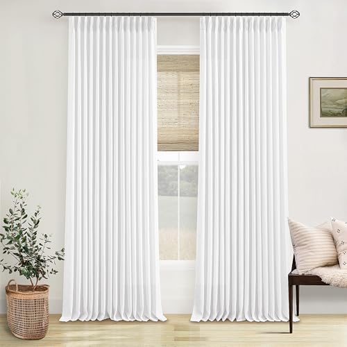 White Linen Pinch Pleated Curtains 102 Inches Long 2 Panels for Living Room Bedroom Snow White Thick Linen Pleated Hooks Rings Back Tab Luxury Light Filtering 102 Inch Curtain Drapes for Sliding Door