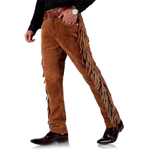 Men’s Cowboy Fringe Leather Pants (Black, Leather Jeans) - 25040053