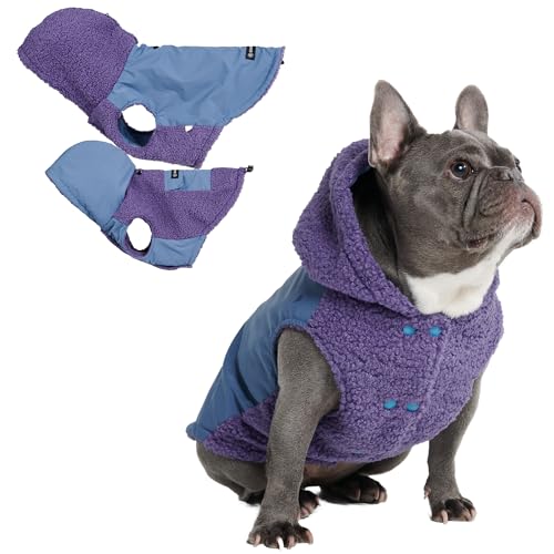 Image of Spark Paws Reversible Dog Hoodie, Sweater for Winter Cold, Warm Clothes for Small Medium Large Breeds - Purple and Navy Blue - L