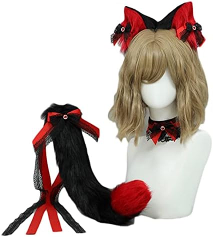 Vista 3 de Angela0123 - Diadema de encaje con orejas de bestia y cola de gato para cosplay orejas de bestia peludas