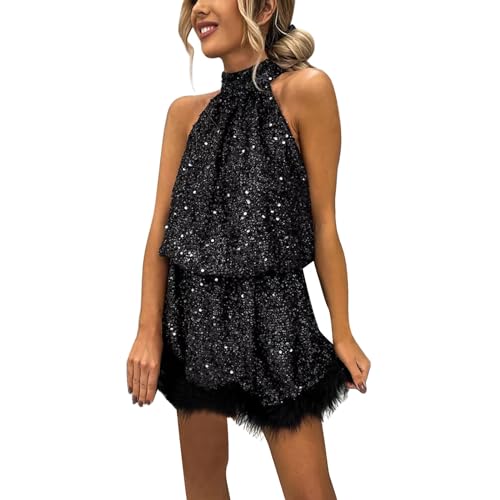 Générique Mini Robe à Paillettes pour Femmes col Licou Robe de soirée à Paillettes Scintillantes avec Ourlet en Plumes