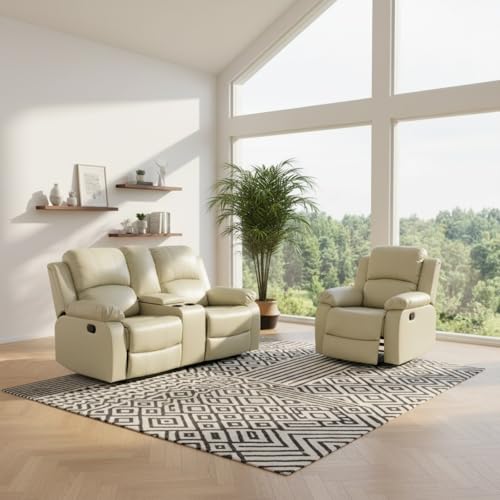 Image of Leather Manual Recliner Sofa Set, Adjustable Backrest Reclining Loveseat Sofa & Recliner Chair, Comfortable Reclining Seats for Home Theater, Apartment, Beige