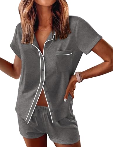 Image of Ekouaer Womens Pajama Sets Button Down Lounge Set 2 Piece Loungewear Soft Sleepwear Short Sleeve Pjs with Pockets