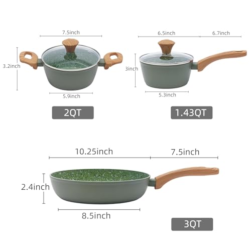 Image of 3-Piece Nonstick Cookware Set,10.25 Inch Frying Pan + 1.43QT & 2.2QT Saucepots with Lids, PFAS PFOA Free Non-Toxic Coating, Heavy Bottom Even Heat, Induction Compatible, Dishwasher Safe - Green