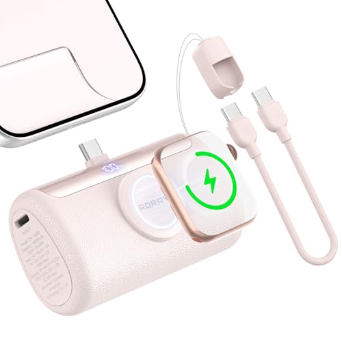 RORRY PalmGo Portable Charger, 10000mAh PD 22.5W Fast Charging Mini Power Bank with Built-in USB C Connector, 3-in-1 Battery Pack for iPhone 17/16/15 Pro/Max, Apple Watch Ultra/11/10/SE, iPad, Pink