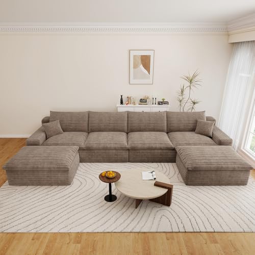 Image of 136 inch Cloud Couch Modular Sectional Sofa for Living Room, U-Shape Boneless Couch with Deep Seat, Modern Corduroy 4-Seater with Ottomans, No Assembly Required, Camel