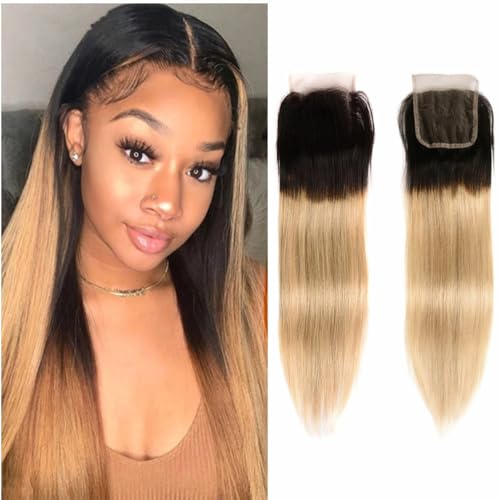 Brazilian Ombre 1B 27 4x4 Lace Closure 100% Unprocessed Straight Human Virgin Hair Honey Blonde Pre-Plucked Hairline 2 Tone 1b/27 Front Closure With Baby Hair (1b 27 straight closure, 10inch)