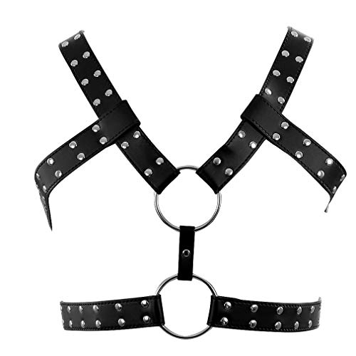 Men's Leather Body Chest Harness Belt Punk Belt Buckle Ring Adjustable Plus size (PG0128-Black)