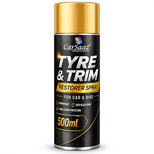 Image of CAR SAAZ Tyre & Trim Restorer Spray 500ml | Tyre Shine, Plastic & Rubber Restorer for Car, Bike | Revives Faded Tyres, Trim & Bumpers | UV Shield, Restores Gloss, Protects from Fading