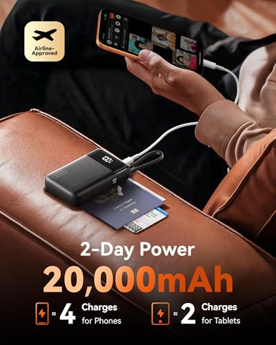 Image of INIU 20000mAh Power Bank, Small 45W PD Fast Charging Portable Charger with Built-in USB C Cable, Flight-Safe Travel External Phone Battery Pack for iPhone 17 Pro Max Samsung S26 iPad etc, Jet Black | Flight-Safe, Built in USB-C Cable, Travel Essential, Battery Phone Pack for iPhone 17 16 Pro, Samsung S26 etc, Jet Black