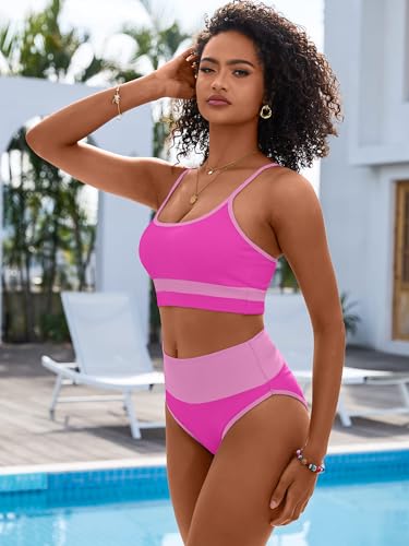Image of ANRABESS Women's High Waisted Bikini Sets,Color Block 2 Piece Swimsuits,Tummy Control Bathing Suits,Thick Ribbed Beach Wear