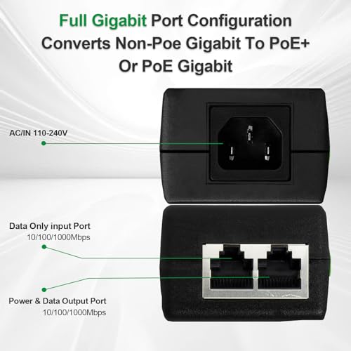 Image of Gigabit PoE+ Injector, 30W 48V, Black | 10 /100 /1000Mbps, IEEE 802.3af /at Compliance, Extend Network Up To 100M (328 ft), Plug and Play