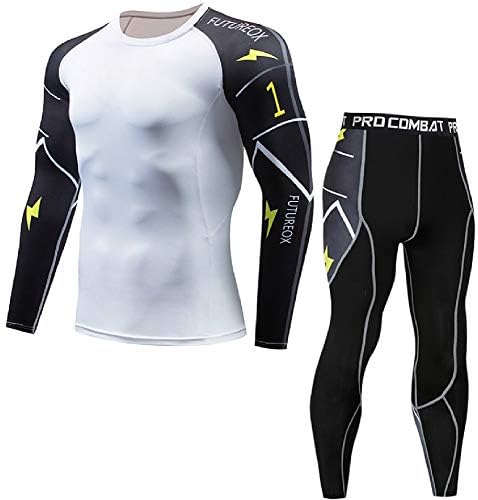 FUTUREOX Men's Workout Clothes Set with Compression Pants and Long Sleeve Shirts White XXL