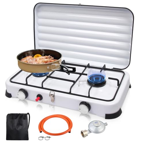 Hornillo de camping de 2 fuegos, 2,2 kW, hornillo de gas LPG para camping con tapa, encendido automático, manguera y regulador de presión de gas de 50 mbar, placa de gas portátil, incluye bolsa de
