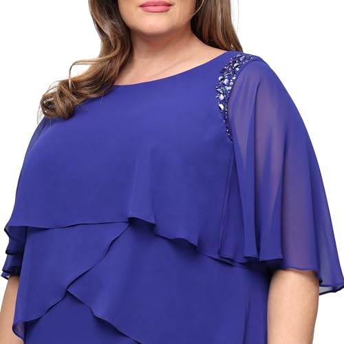 Image of S.L. Fashions Women's Plus Size Tiered Chiffon Cocktail Party Dress with Attached Cape & Beaded Shoulders
