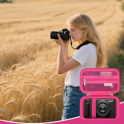 Image of Supmay Hard Travel Case for Sony ZV-1F / ZV-1 / ZV-1 II Digital Camera, Vlogger Camera Storage Holder Travel Bag with Zipper Mesh Pocket for Battery Pack, Charging Cable, USB Card, Rosered