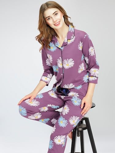 Image of ZEYO Night Suit for Women's Floral Printed Cotton Night Dress of Shirt and Pajama Set 5766