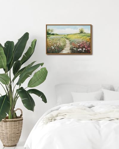 Image of KISSFOX Vintage Framed Wall Art Decor Spring Landscape Pictures Wall Decor Rustic Wildflower Path Paintings Countryside Canvas Art Prints Modern Farmhouse Artwork For Bedroom Kitchen Living Room