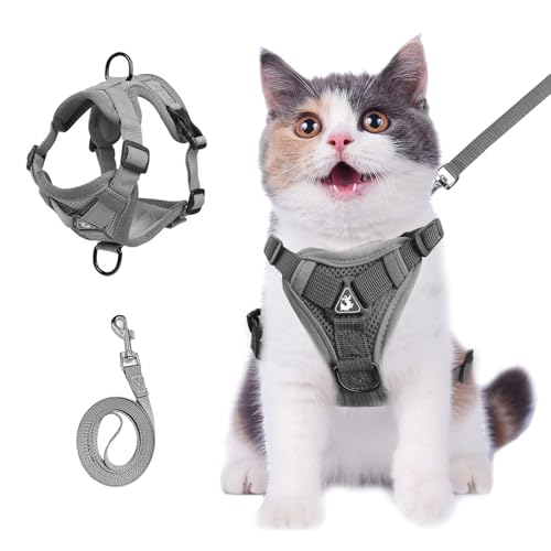 cat Chest Harness and Leash, Anti-Escape Adjustable Soft mesh cat Leash and Chest Harness Set for All Types of Cats cat Vests (Grey, 6.6-9.9lb)